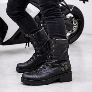 Belstaff Black Leather Moto Combat Boots Men’s 9.5 Buckle Lace Zip Biker